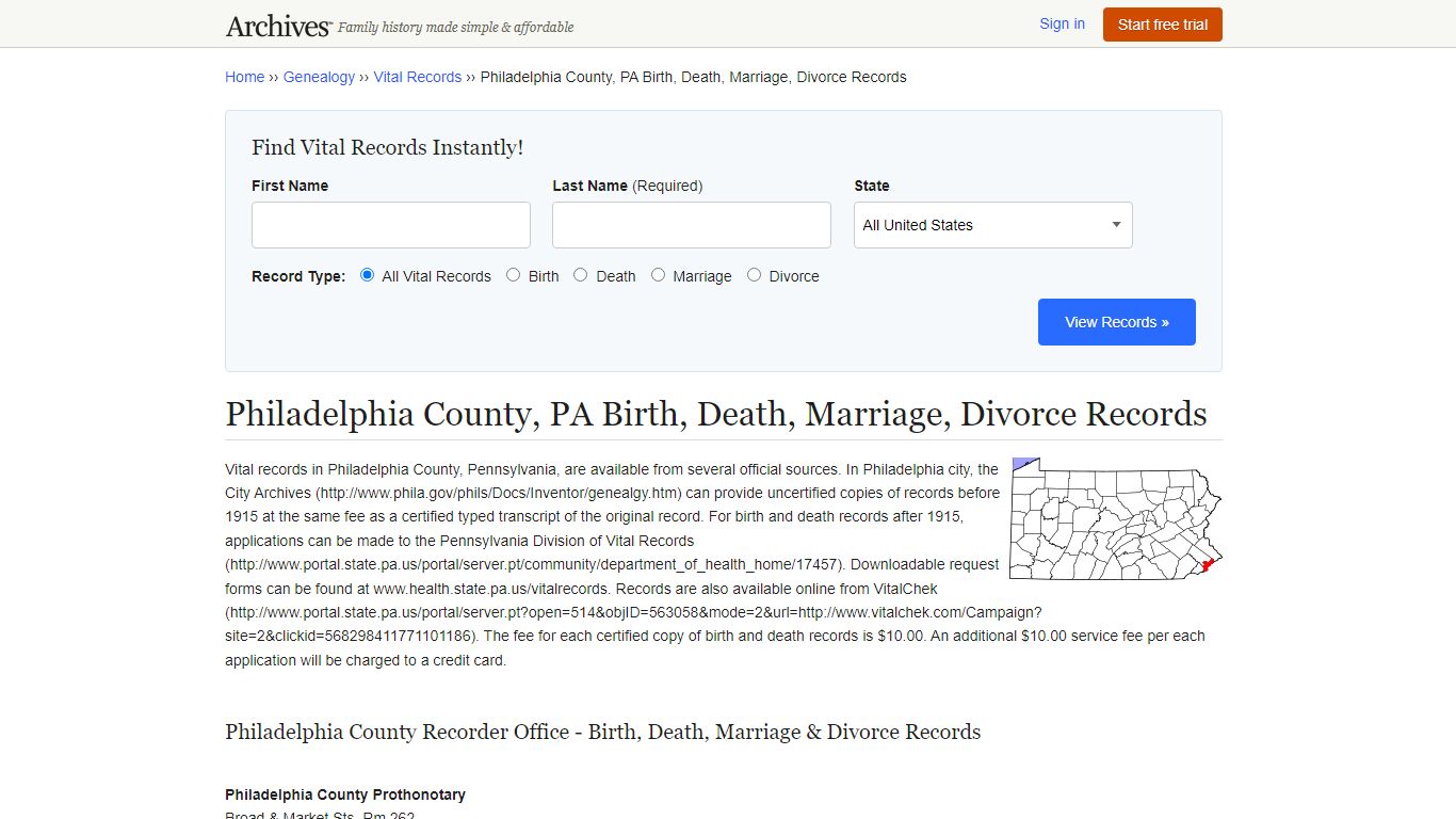 Philadelphia County, PA Birth, Death, Marriage, Divorce Records