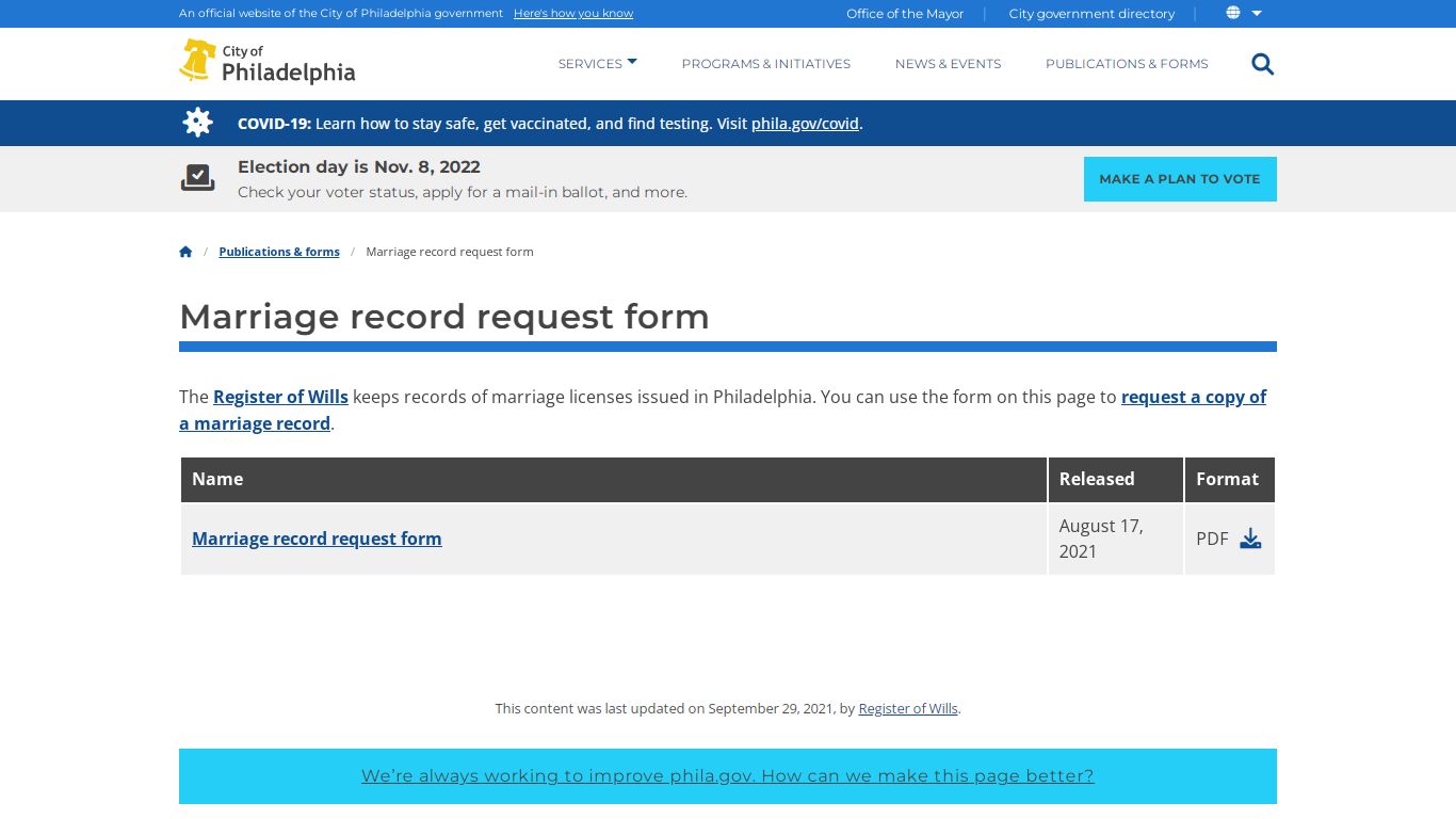 Marriage record request form | Register of Wills - City of Philadelphia